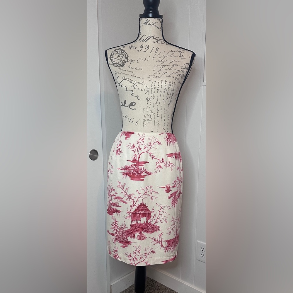 Talbots Petites 4P Silk Cotton Chinoiserie Toile Pencil Skirt Cranberry Ivory